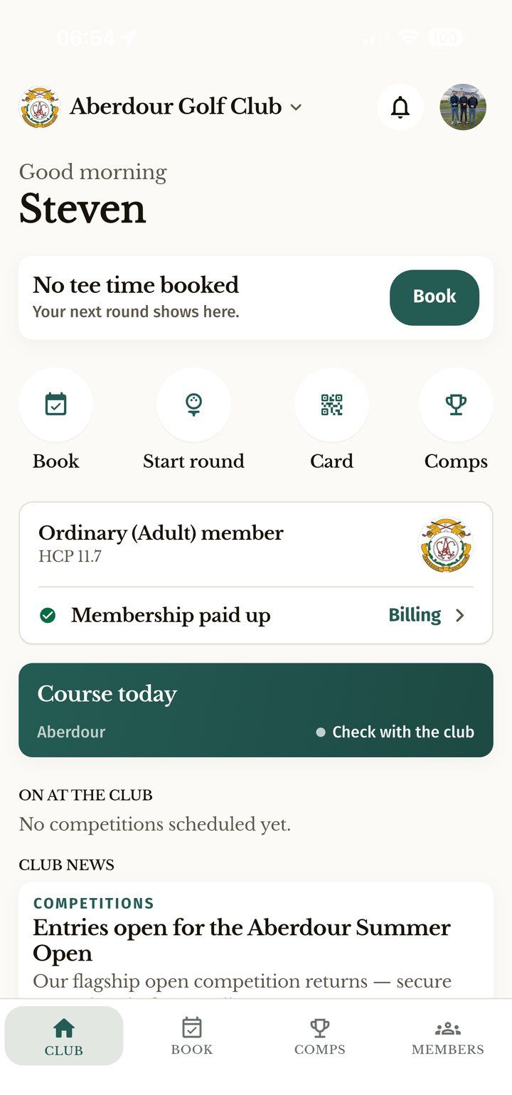 Club home in the members app