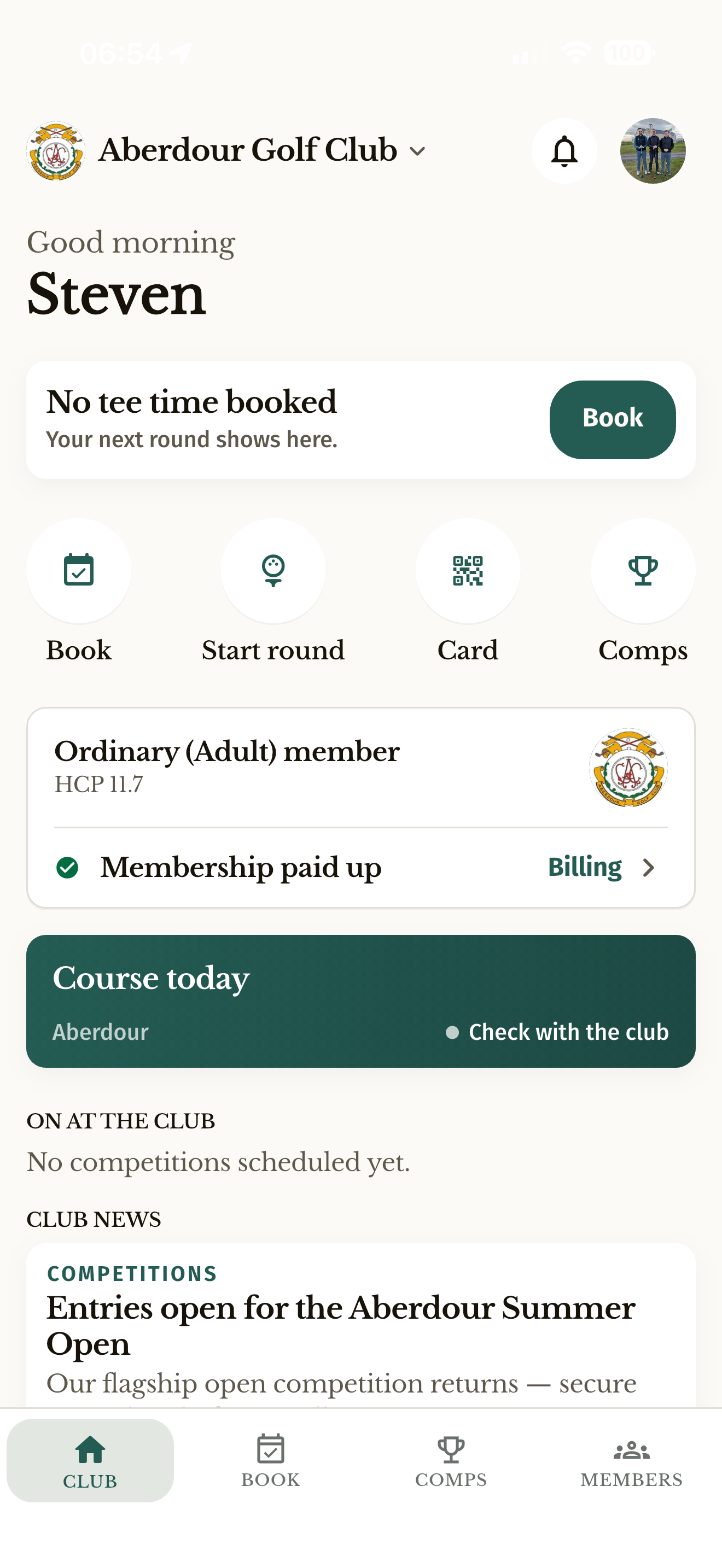 Club app home screen for Aberdour Golf Club