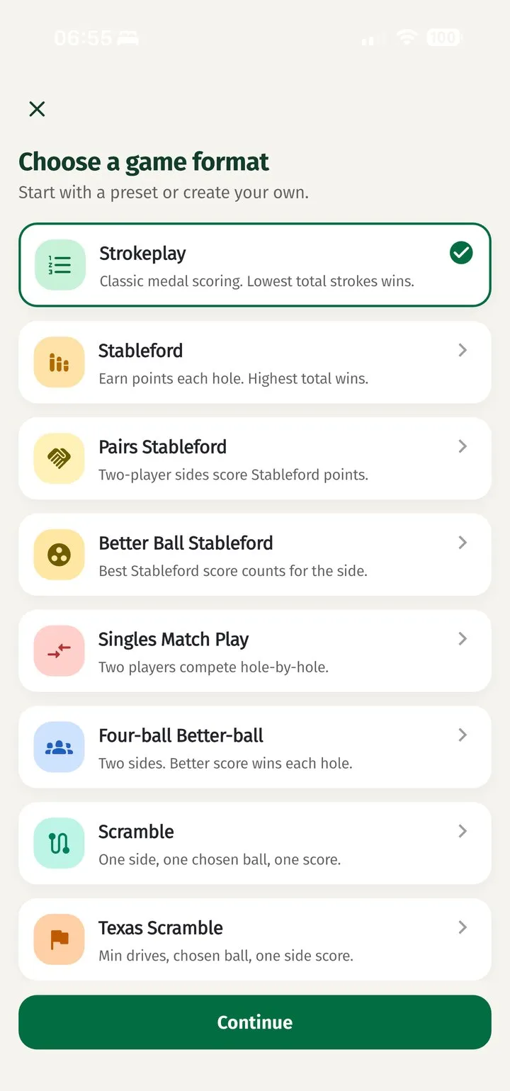 Choosing a game format, such as Stableford or four-ball better-ball, in the Golf Sherpa app
