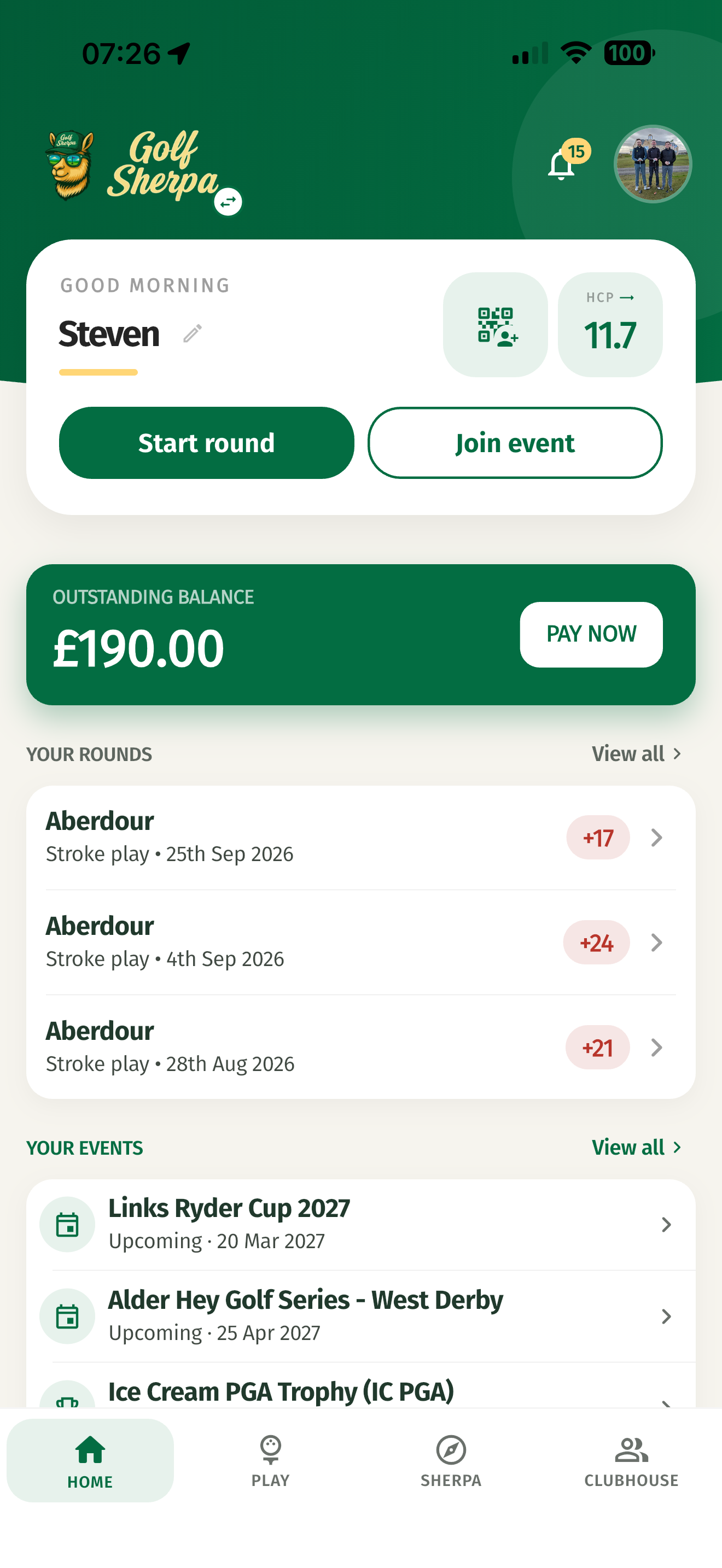 A player's event home in the Golf Sherpa app with their next tee time
