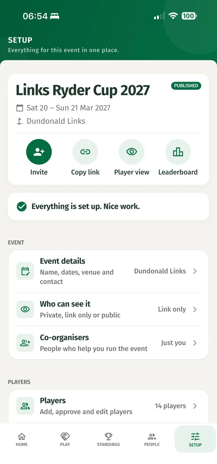 Setting up a society outing in the Golf Sherpa app, with a checklist for dates, venue and players