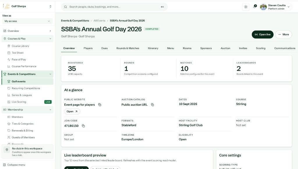 SSBA's Annual Golf Day 2026 in the Golf Sherpa console, with 35 of 80 players registered