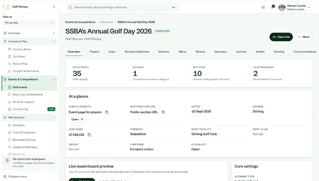 SSBA's Annual Golf Day 2026 in the Golf Sherpa console, with 35 of 80 players registered