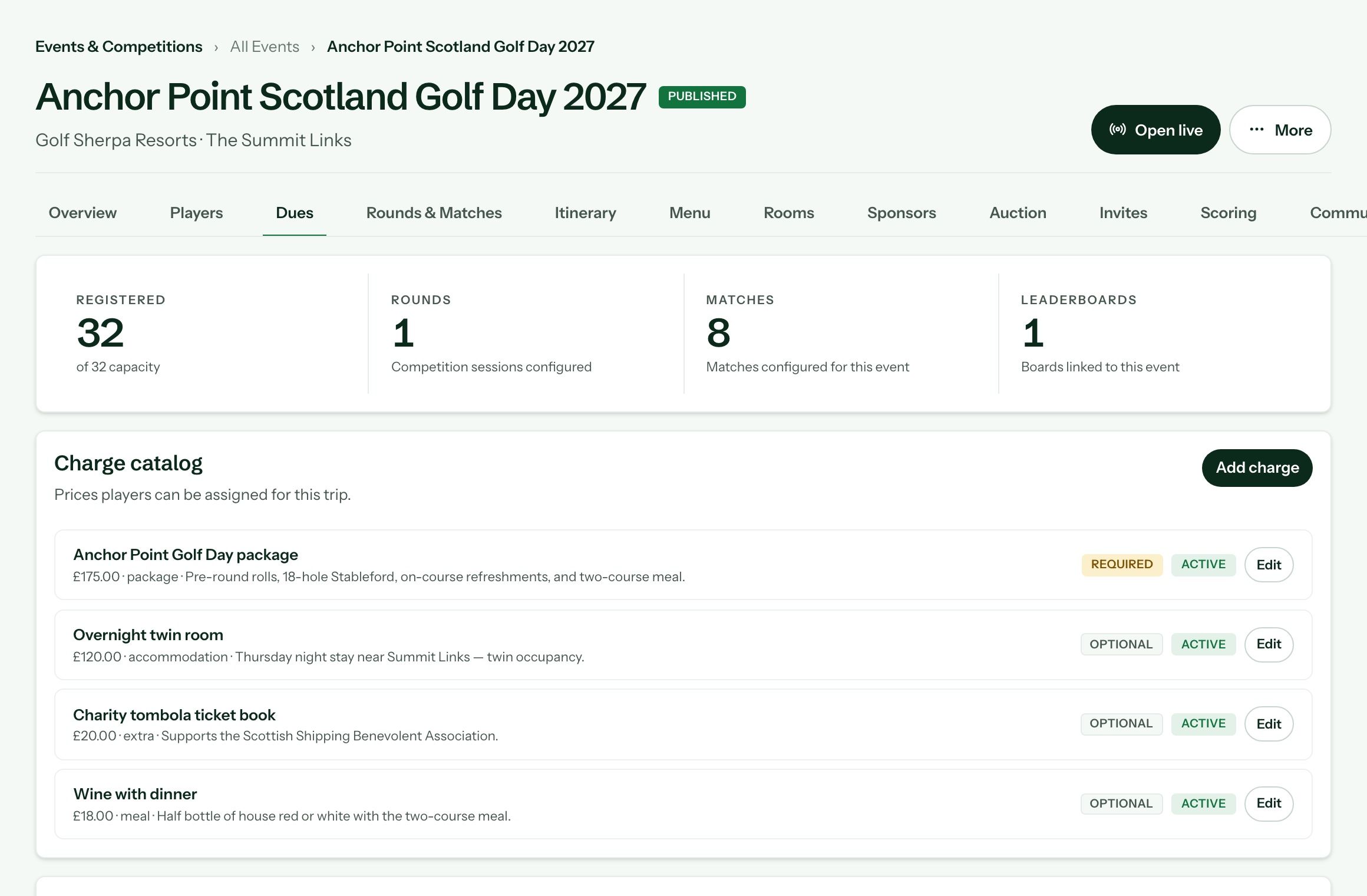 Entry package, rooms and extras players pay for at Anchor Point Scotland Golf Day 2027, in the Golf Sherpa console
