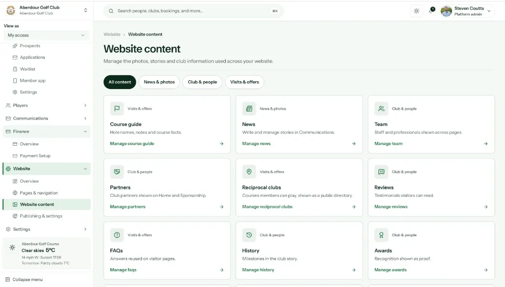 Website content for Aberdour Golf Club in the Golf Sherpa console