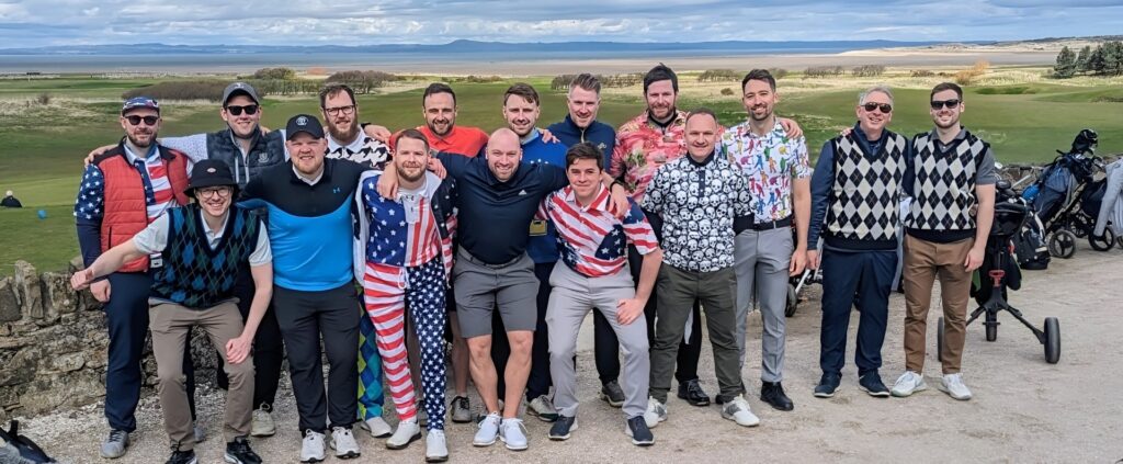Group golf trip with players in funny clothing